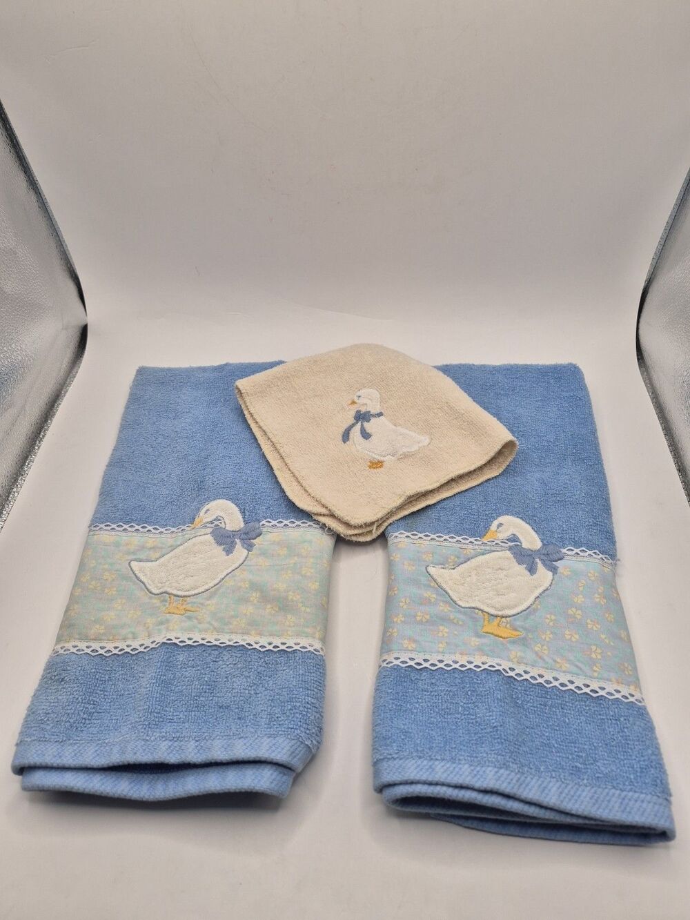 R.A. BRIGGS Embroidered Duck Geese Hand Towels Set of 3 16x24 Blue/White